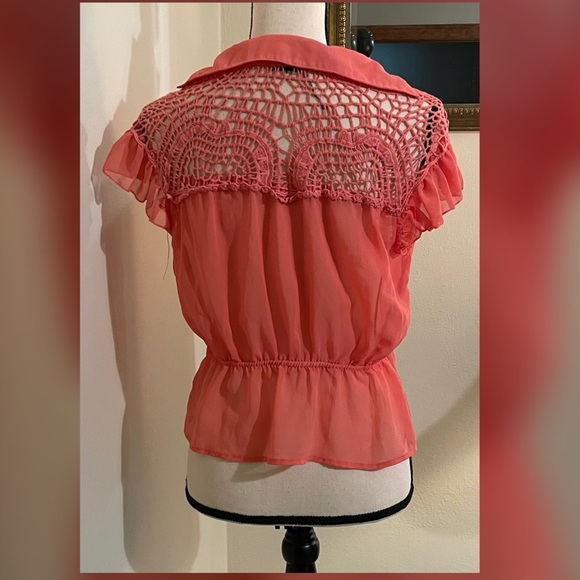 Women’s See Through Mesh Cut-Out Tie Front Blouse - Picture 3 of 5